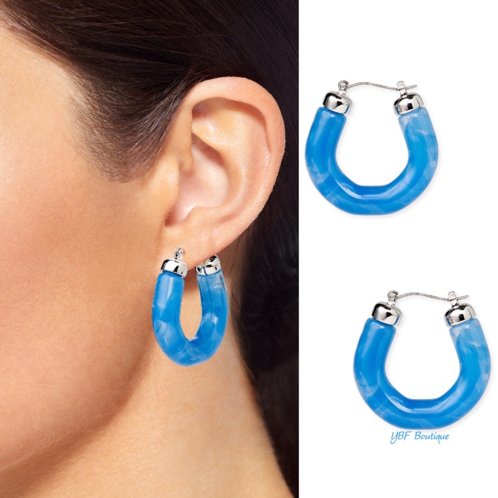New Blue Marble & Silver Resin Hoop Fashion Earrings - Picture 7 of 7